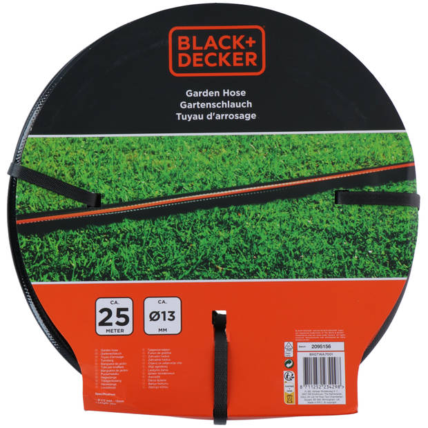 BLACK+DECKER Tuinslang 25 Meter - ?13MM - Duurzaam PVC - Past op Elke Standaard Kraan - Zwart/Oranje