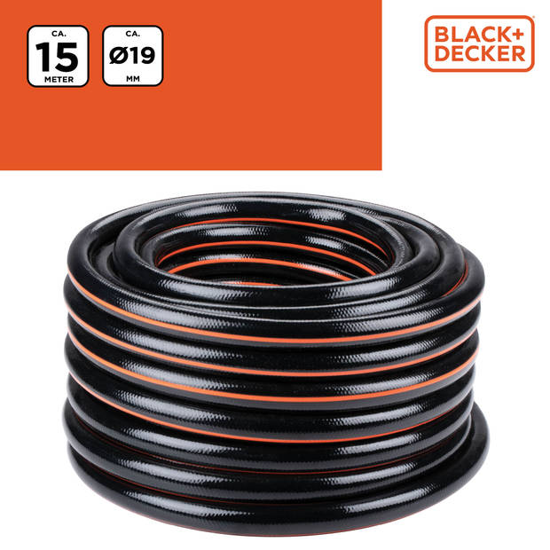 BLACK+DECKER Tuinslang 15 Meter - ?19MM - Duurzaam PVC - Past op Elke Standaard Kraan - Zwart/Oranje