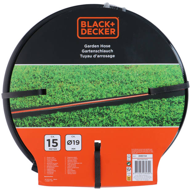 BLACK+DECKER Tuinslang 15 Meter - ?19MM - Duurzaam PVC - Past op Elke Standaard Kraan - Zwart/Oranje