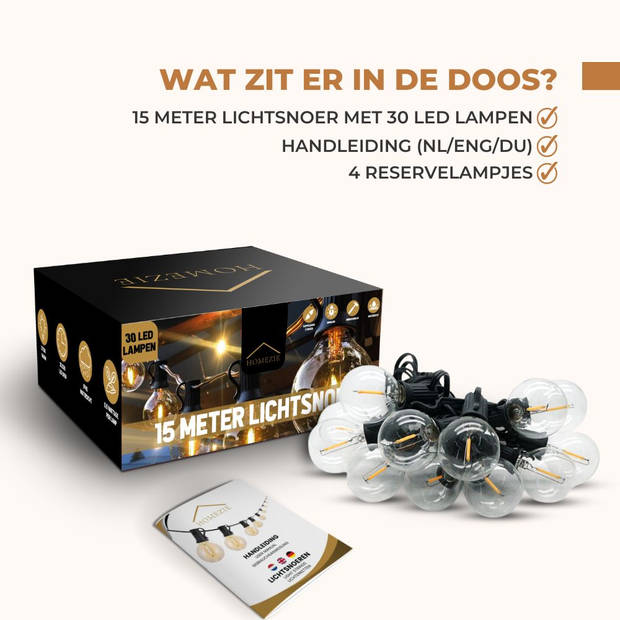 Homezie Lichtsnoer 15 meter met 30 kunststof LED bulbs Warm wit Waterdicht Koppelbaar & Dimbaar