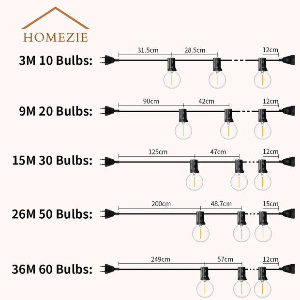 Homezie Lichtsnoer 15 meter met 30 kunststof LED bulbs Warm wit Waterdicht Koppelbaar & Dimbaar