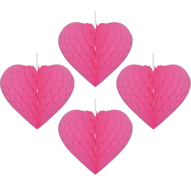 Bellatio Decorations - 4x Fuchsia roze deco hartje - 15 cm - papier - Feestversiering - Hangdecoratie