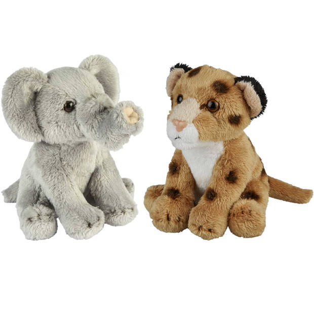 Safari dieren serie pluche knuffels 2x stuks - Olifant en Luipaard van 15 cm - Knuffeldier