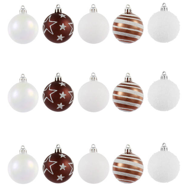 30x stuks kerstballen mix wit/bruin gedecoreerd kunststof 5 cm - Kerstbal