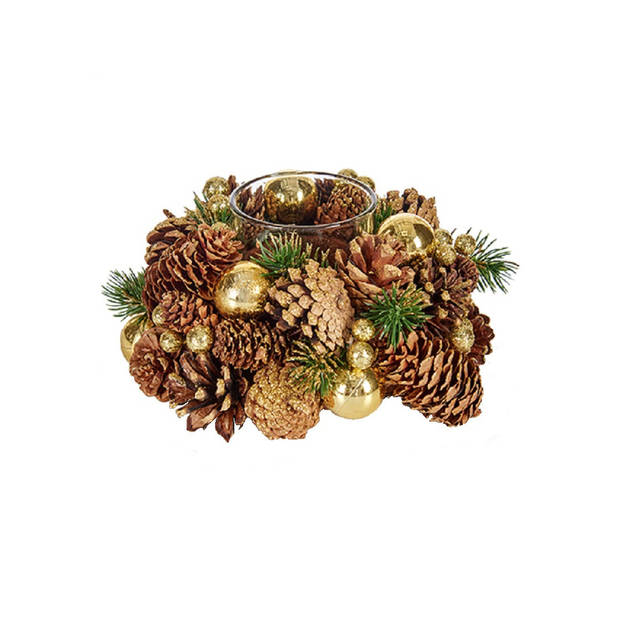 Set van 2x stuks kerst thema kaarsenhouders ornament bruin met goud nature 18 cm - Waxinelichtjeshouders