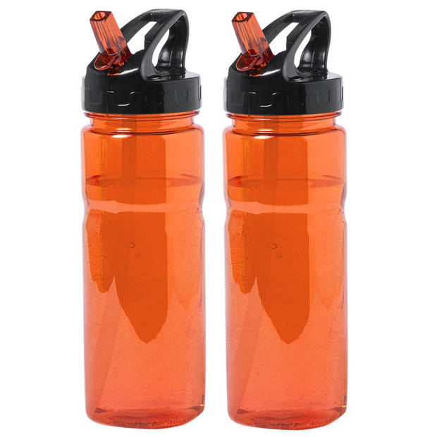 Kunststof waterfles/drinkfles/sportfles - 2x - oranje - met drinktuit - 650 ml - Drinkflessen