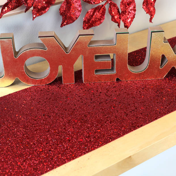 Santex Kerst tafelloper op rol - 2x - rood glitter - 18 x 500 cm - polyester - Tafellakens