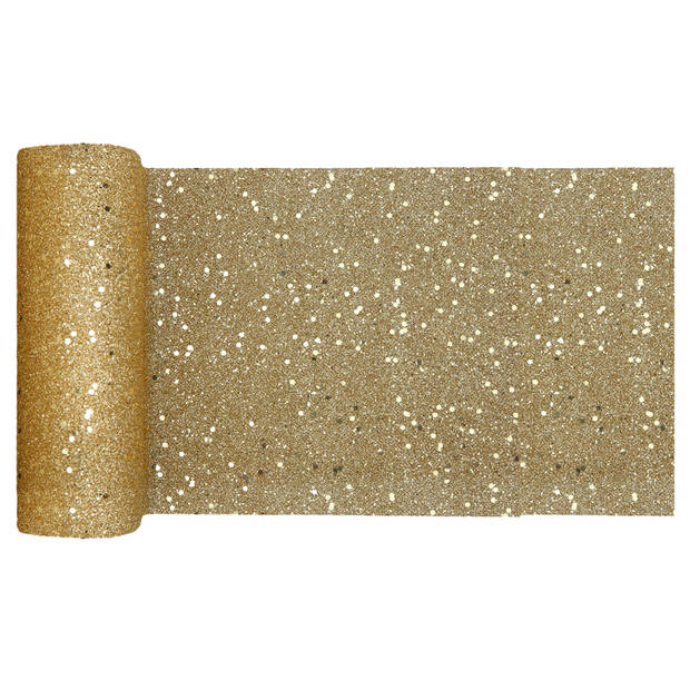 Santex Kerst tafelloper op rol - goud glitter - 18 x 500 cm - polyester - Tafellakens