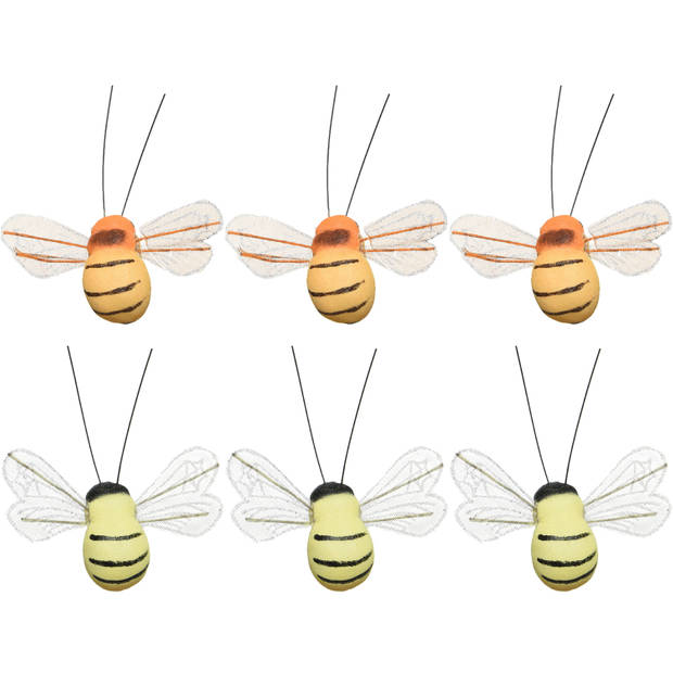 Paasdecoratie 12x stuks bijen op clip - 3 x 7 cm - foam - oranje - Feestdecoratievoorwerp