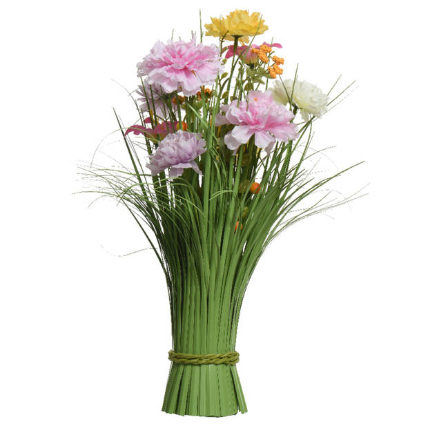 Kunstbloemen boeket lila paars - in pot lichtgrijs - keramiek - H40 cm - Kunstbloemen