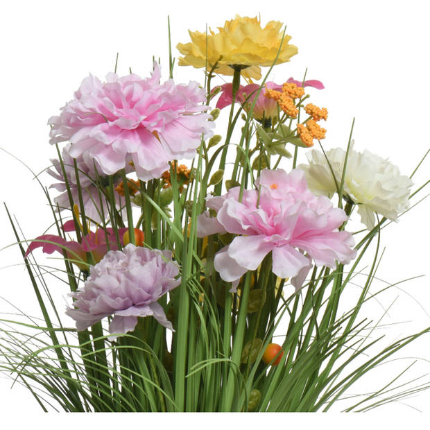 Kunstgras boeket bloemen - anjers - lila paars - geel - H40 cm - lente boeket - Kunstbloemen