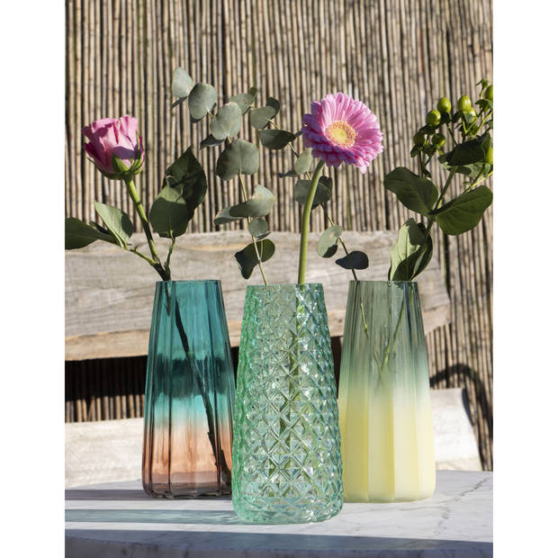 Bellatio Design Bloemenvaas - 2x - groen/geel - glas - D10 x H21 cm - Vazen