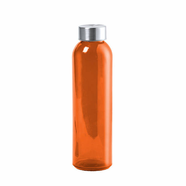 Glazen waterfles/drinkfles/sportfles - oranje transparant - met RVS dop - 500 ml - Drinkflessen