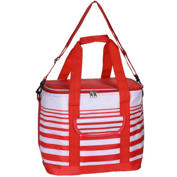 Koeltas draagtas schoudertas rood/wit gestreept met 2 stuks flexibele koelelementen 12 liter - Koeltas