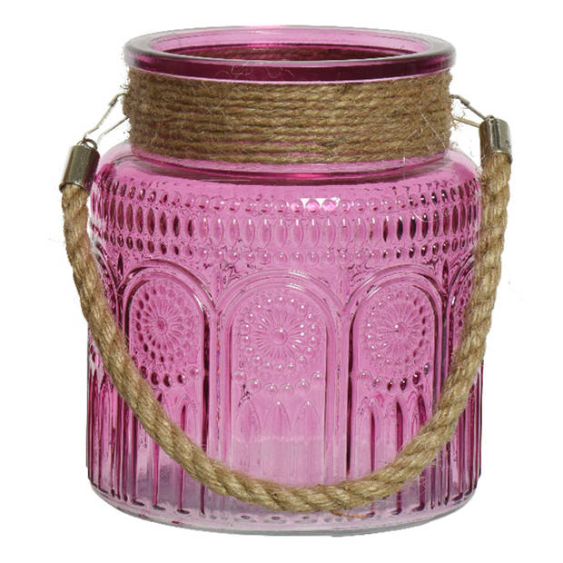 Windlicht/lantaarn met relief - glas - D14 x H16 cm - fuchsia roze - Windlichten