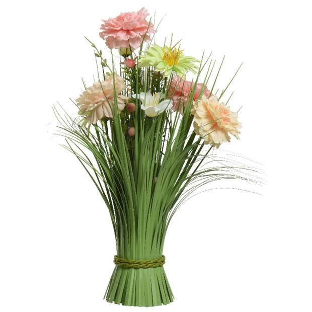 Kunstgras boeket bloemen - anjers - roze tinten - H40 cm - lente boeket - Kunstbloemen