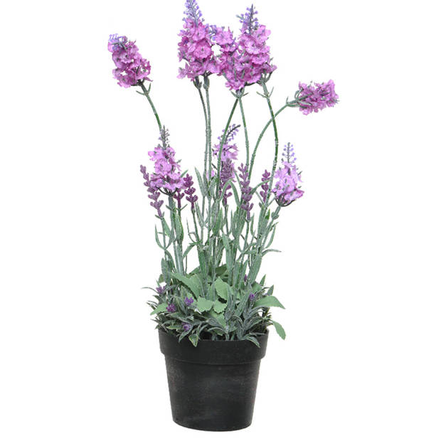 2x stuks lavendel kunstplant in pot - roze paars - D18 x H38 cm - Kunstplanten