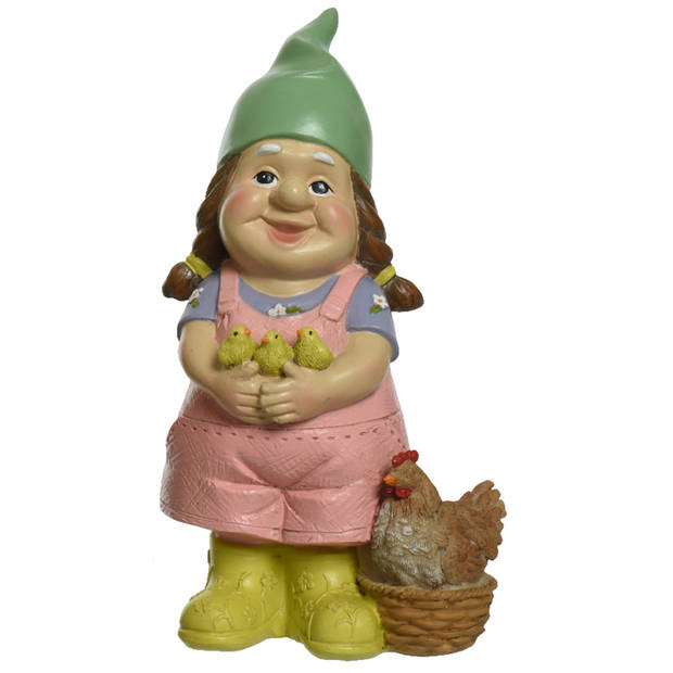 Tuinkabouter vrouw met haan en kuikens - kunststeen - H23 cm - Tuinbeelden