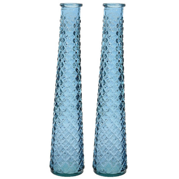 2x stuks vazen/bloemenvazen van gerecycled glas - D7 x H32 cm - blauw - Vazen