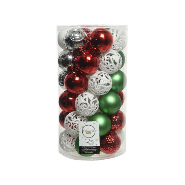 37x stuks kunststof kerstballen wit/rood/groen/zilver mix 6 cm - Kerstbal
