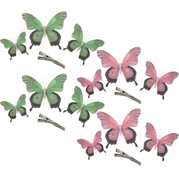 Othmar Decorations Decoratie vlinders op clip 12x stuks - groen/roze - 12/16/20 cm - Hobbydecoratieobject