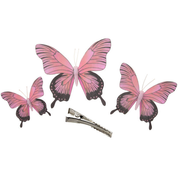 3x stuks decoratie vlinders op clip - roze - 3 formaten - 12/16/20 cm - Hobbydecoratieobject