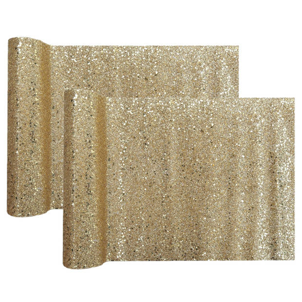 Santex Kerst tafelloper op rol - 2x - goud glitter - 28 x 300 cm - polyester - Tafellakens