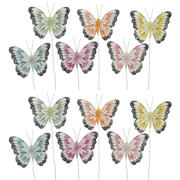 12x stuks decoratie vlinders op draad gekleurd - 8 cm - Hobbydecoratieobject