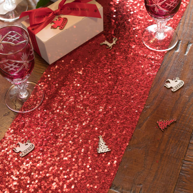 Santex Kerst tafelloper op rol - 2x - polyester - rood pailletten - 30 x 300 cm - Tafellakens