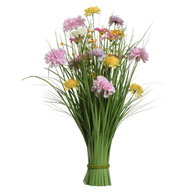 Kunstgras boeket bloemen - anjers - lila paars - geel - H70 cm - lente boeket - Kunstbloemen