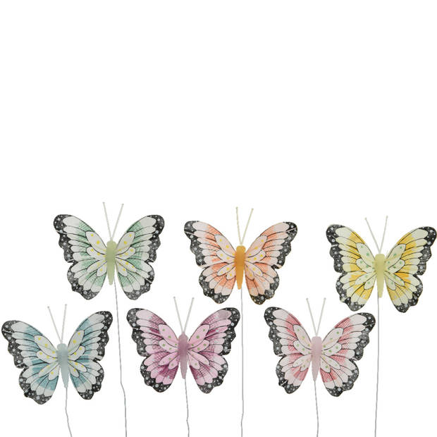 12x stuks decoratie vlinders op draad gekleurd - 8 cm - Hobbydecoratieobject