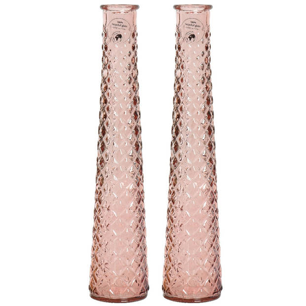 2x stuks vazen/bloemenvazen van gerecycled glas - D7 x H32 cm - roze - Vazen