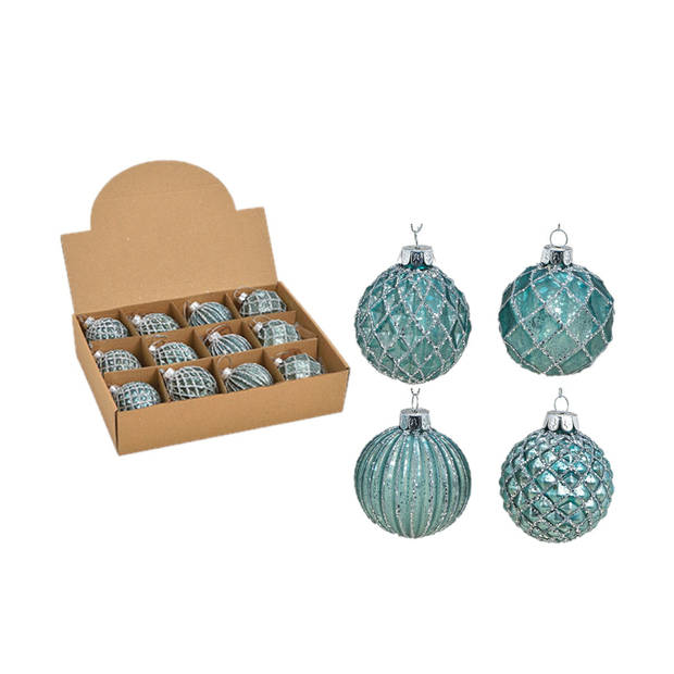 24x stuks luxe gedecoreerde glazen kerstballen turquoise blauw 6 cm - Kerstbal