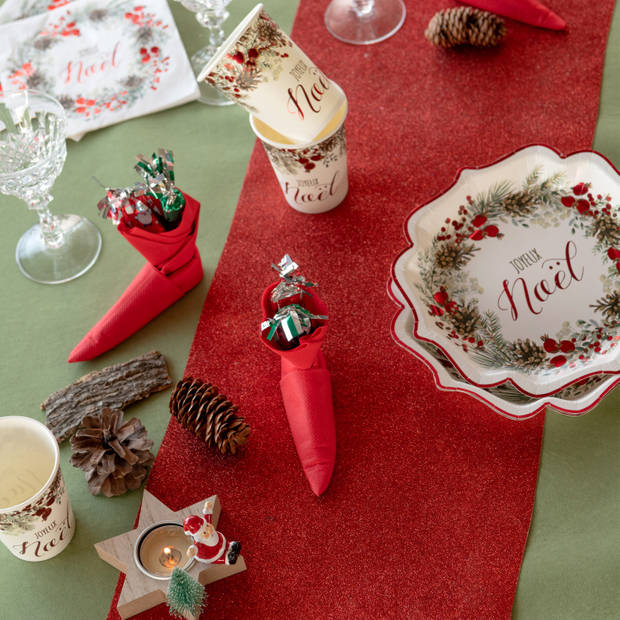 Santex Kerst tafelloper op rol - 2x - rood glitter - 28 x 300 cm - polyester - Tafellakens