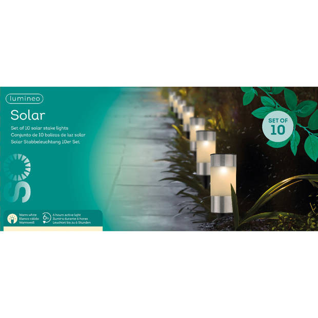 Lumineo solar tuinspots 10x stuks - H14 cm - rvs - warm wit - Prikspotjes