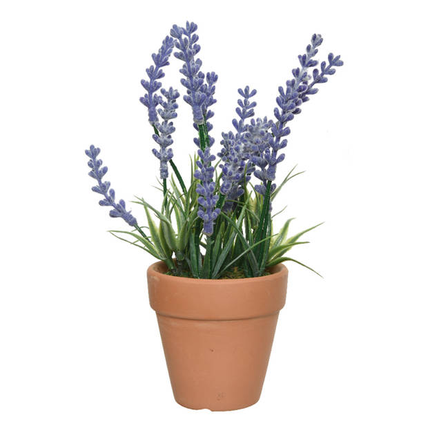 2x lavendel kunstplant in terracotta pot - lila paars - D6 x H18 cm - Kunstplanten