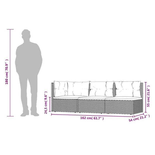 vidaXL 3-delige Loungeset met kussens poly rattan zwart