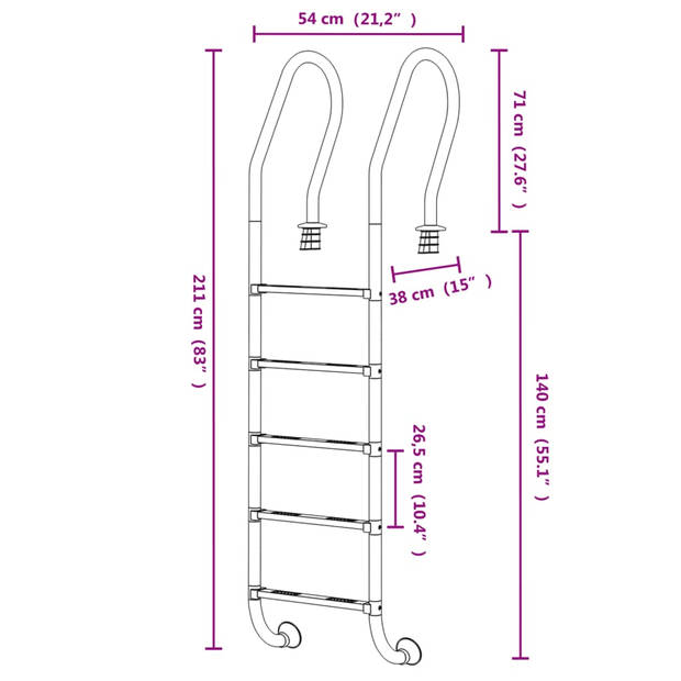 vidaXL Zwembadladder 54x38x211 cm 304 roestvrij staal