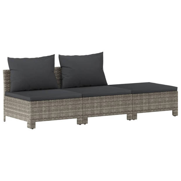 vidaXL 3-delige Loungeset met kussens poly rattan grijs