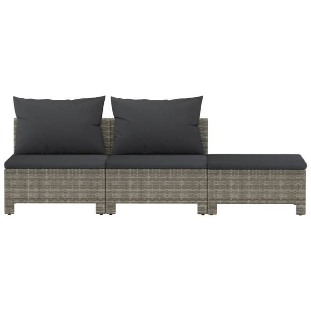 vidaXL 3-delige Loungeset met kussens poly rattan grijs