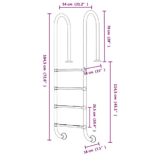 vidaXL Zwembadladder 54x38x184,5 cm 304 roestvrij staal