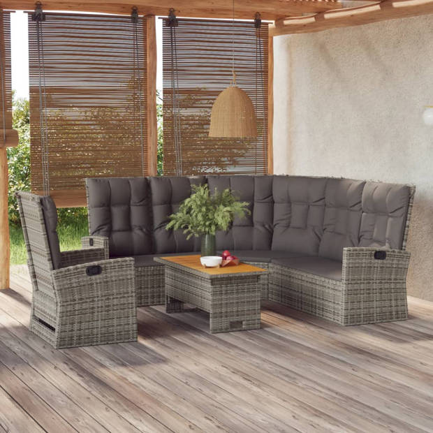 vidaXL 3-delige Loungeset met kussens poly rattan grijs