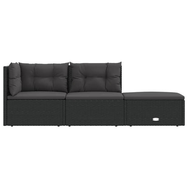 vidaXL 3-delige Loungeset met kussens poly rattan zwart