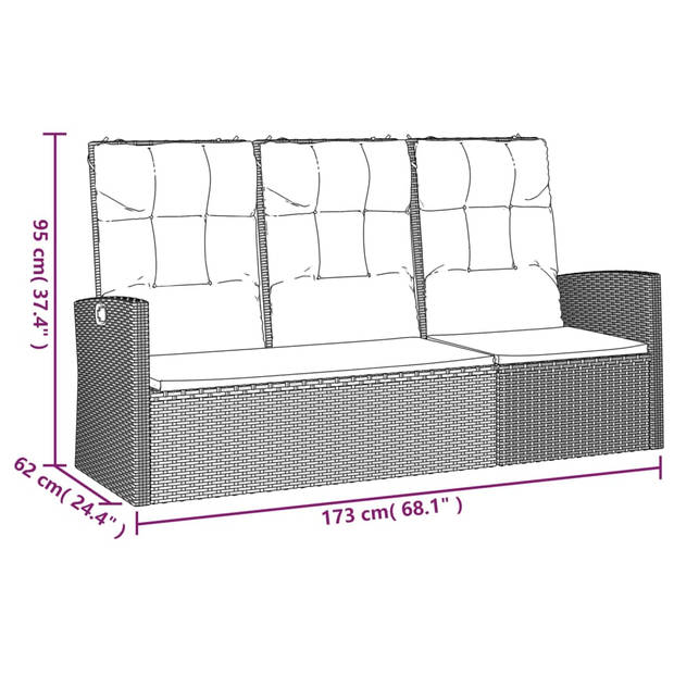 vidaXL Tuinbank verstelbaar met kussens 173 cm poly rattan zwart