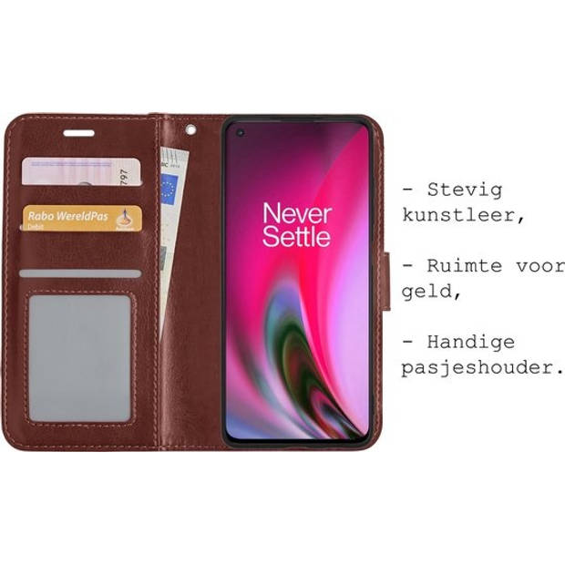 Basey OnePlus Nord 2 Hoesje Book Case Kunstleer Cover Hoes -Bruin