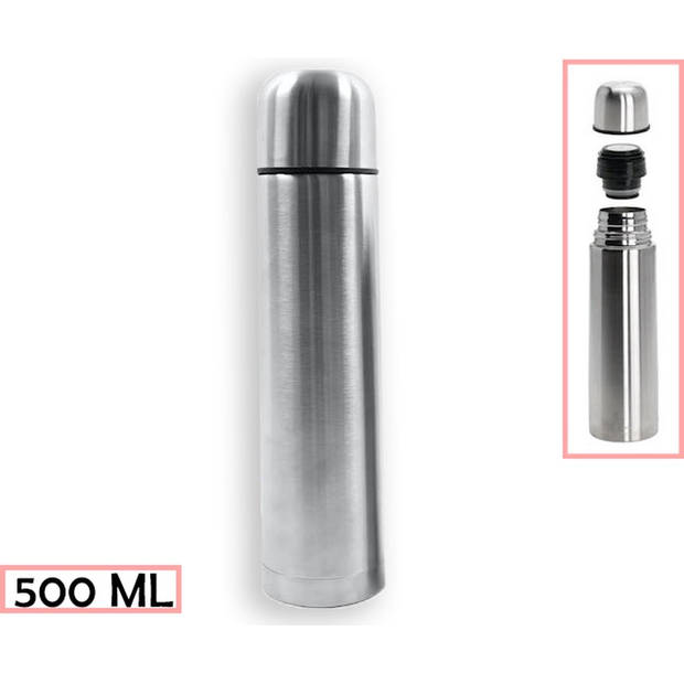Hedendaagse Zilveren Thermosfles - Geïsoleerde Drinkfles - 500 ml - 6.5x6.5x24.5 cm - 5 Stuks