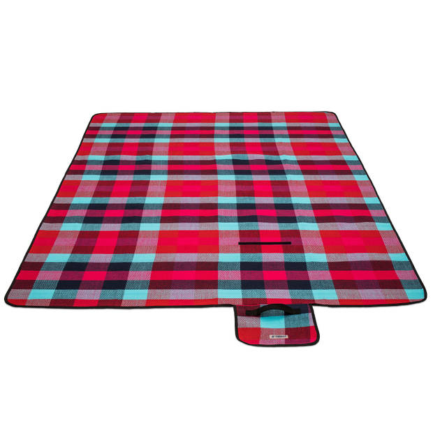 Picknickdeken, lichtblauw-rood-bordeaux, ruit motief, picknickkleed, 195 x 150 m, waterdicht, campingdeken, outdoor p...