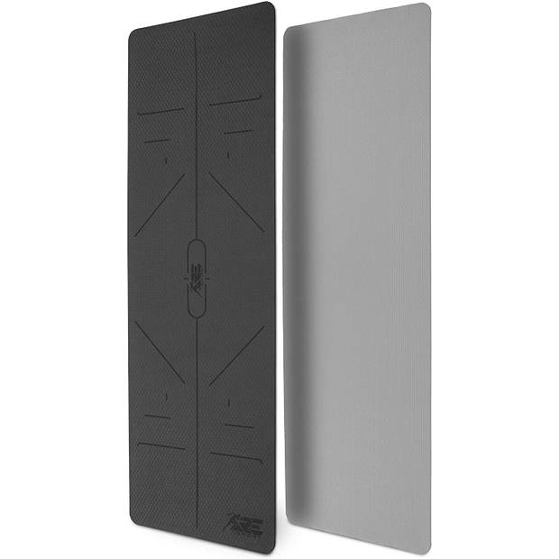 Yogamat, zwart-grijs, 183 x 61 x 0,6 cm, fitnessmat, gymmat, gymnastiekmat, logo