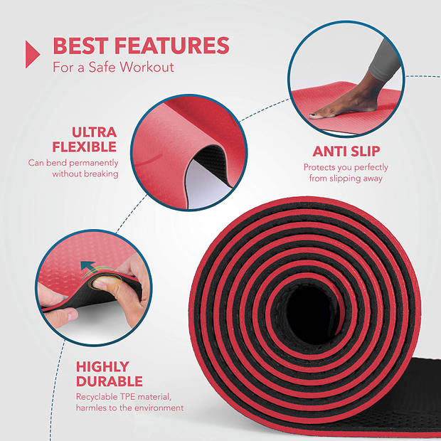 Yogamat zwart-rood, fitnessmat,, gymnastiekmat pilatesmat, sportmat, 183 x 61 x 0,6 cm