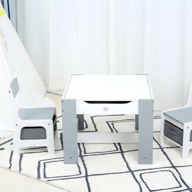 Baby Vivo kinderzitgroep Maurice, grijs, met multifunctionele tafel en 2 houten stoelen